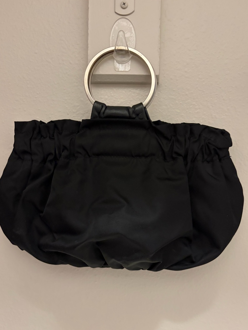 Black Ring-Handle Gathered Boutique Clutch Italian Nylon Calf Leather Trim PHD
